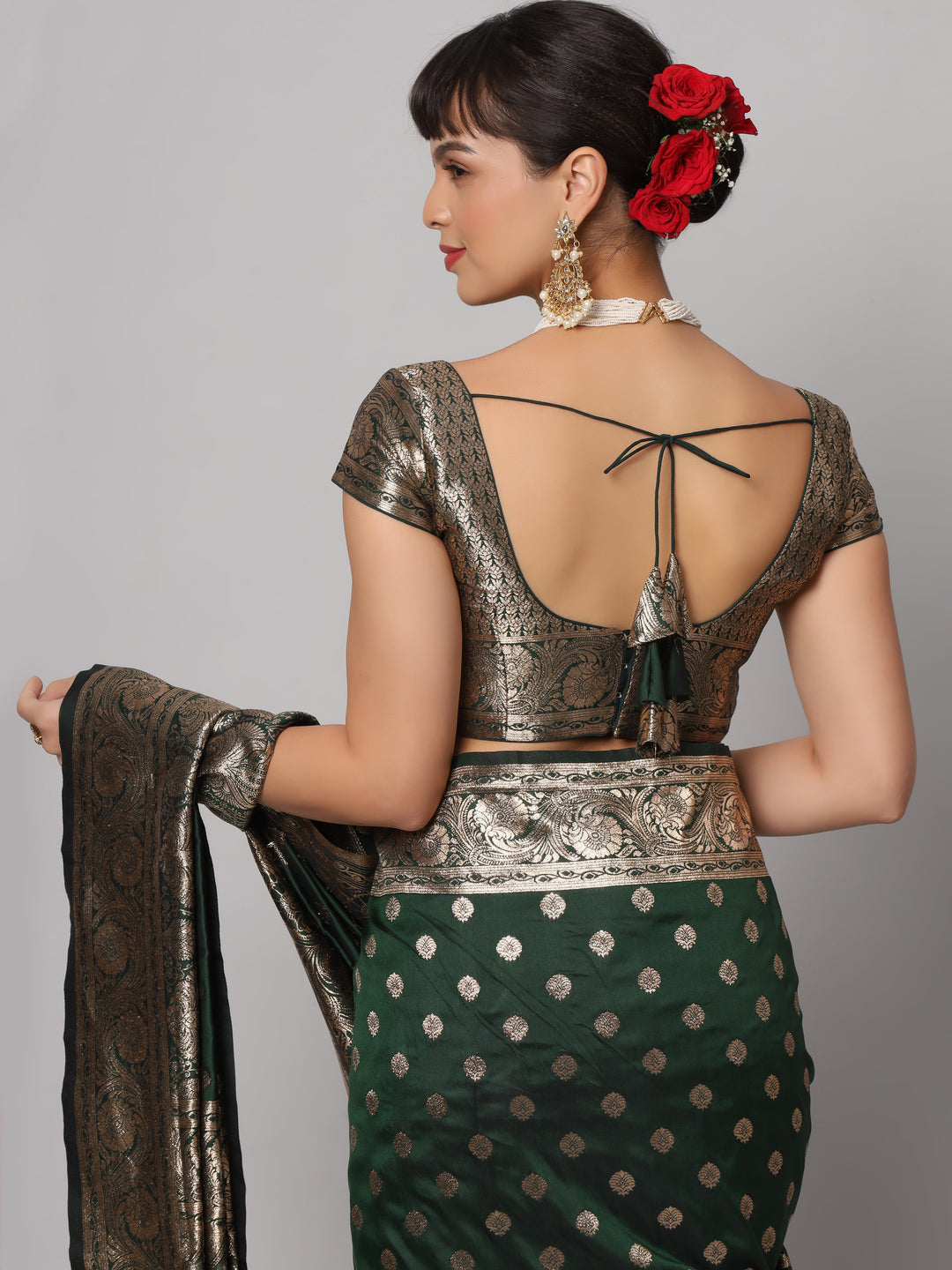 Riya Forest Green & Gold Full Embroidered Banarasi One Minute Saree