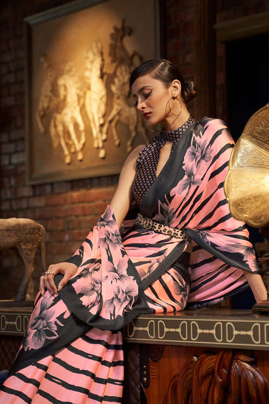 Naia Pink Satin Printed One Minute Saree