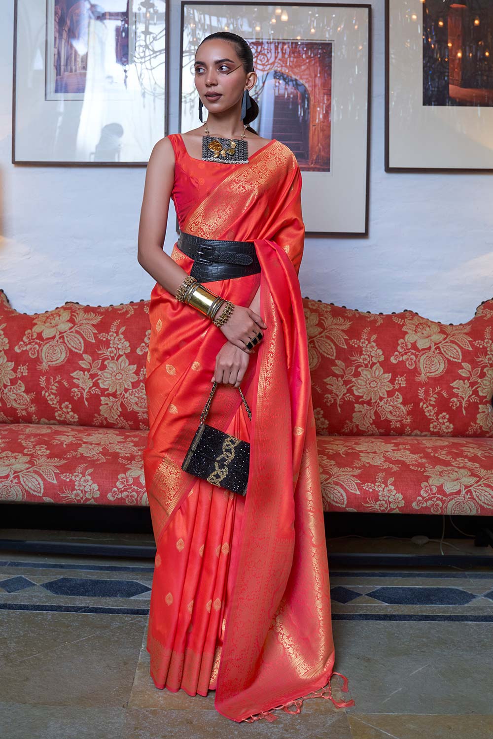 Afra Orange Moss Weave Art Silk One Minute Saree