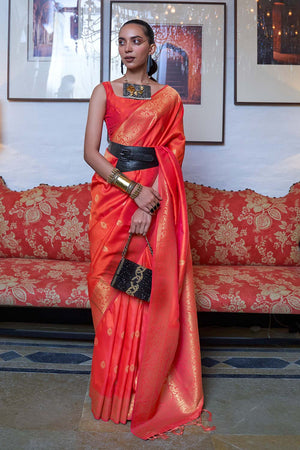 Afra Orange Moss Weave Art Silk One Minute Saree