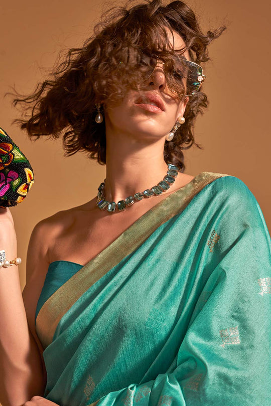Trisha Turquoise Kanoi Silk Woven Floral One Minute Saree