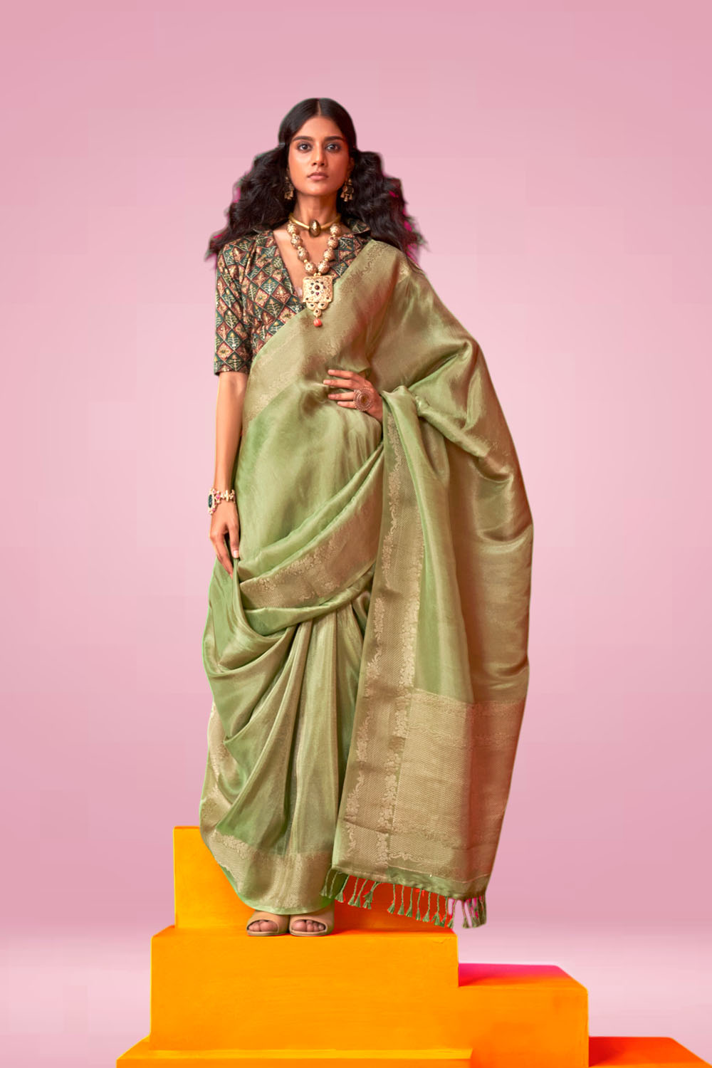 Laila Green Zari Tissue One Minute Saree