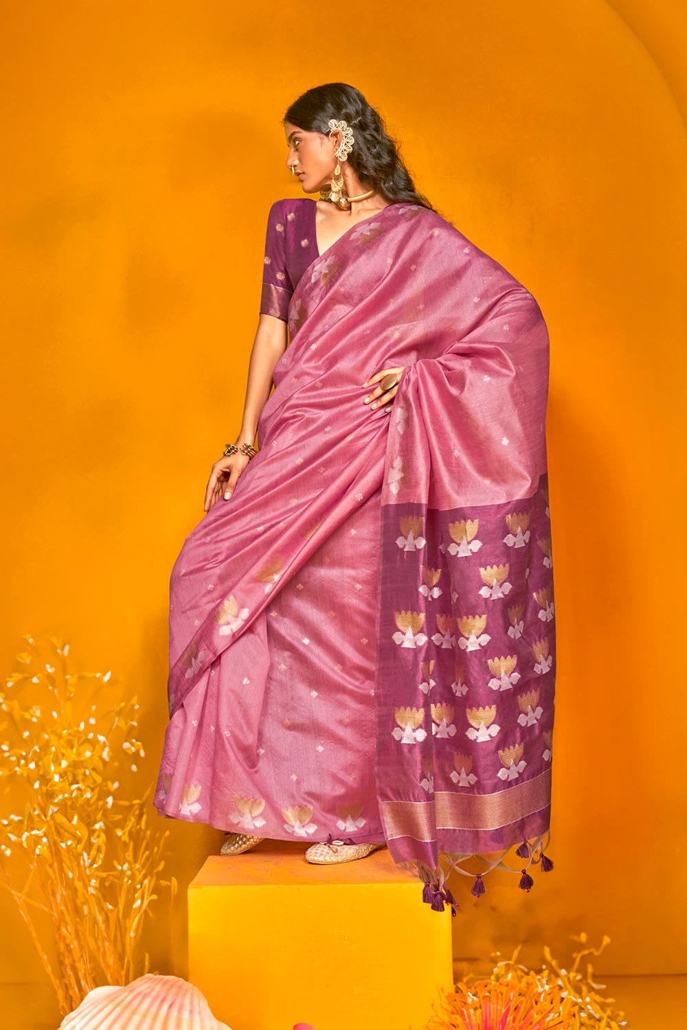 Kani Pink Tussar Printed Handloom Silk One Minute Saree