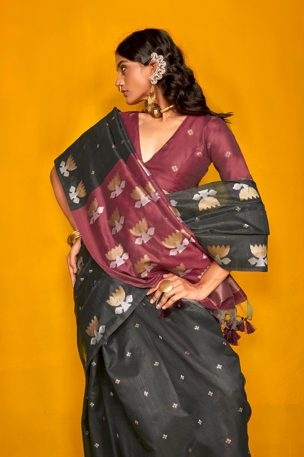 Kani Black Tussar Printed Handloom Silk One Minute Saree