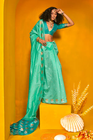 Kani Turquoise Tussar Printed Handloom Silk One Minute Saree