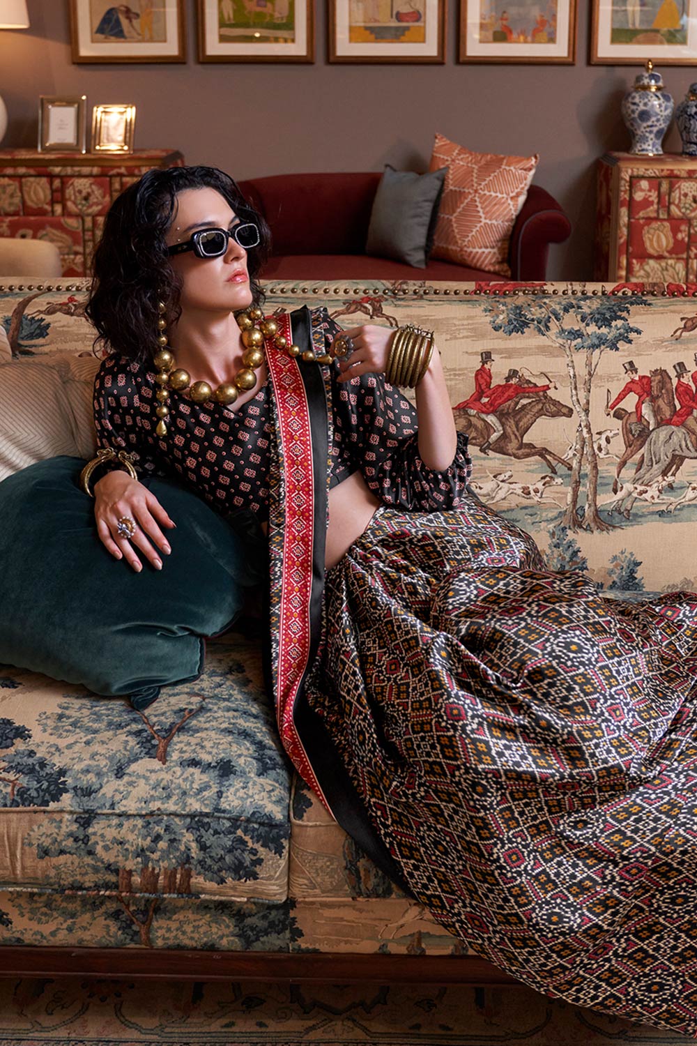 Kourtney Black Satin Printed One Minute Saree