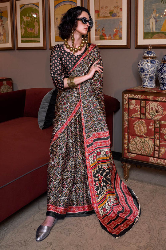 Kourtney Black Satin Printed One Minute Saree