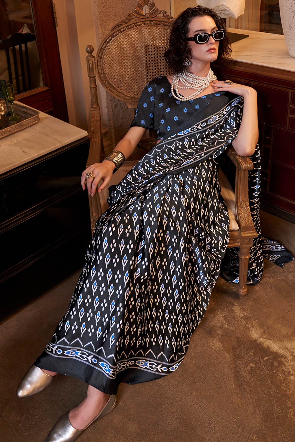 Kourtney Black Satin Printed One Minute Saree