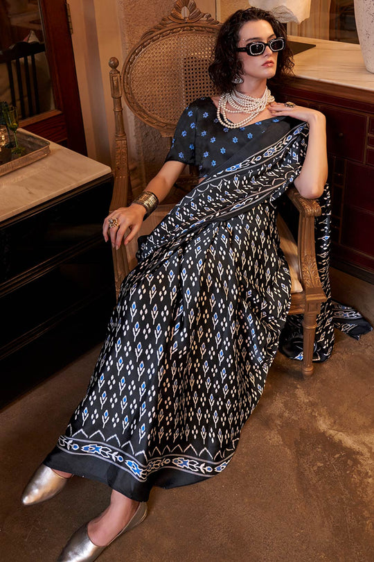 Kourtney Black Satin Printed One Minute Saree
