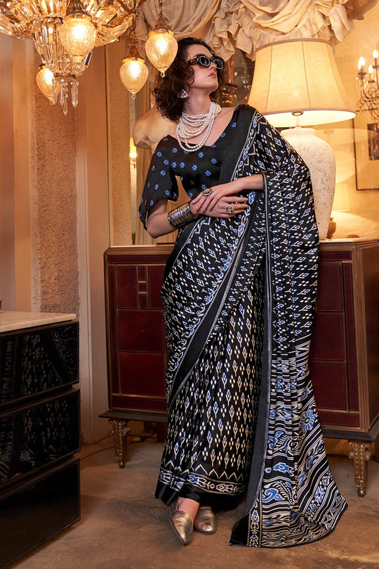 Kourtney Black Satin Printed One Minute Saree