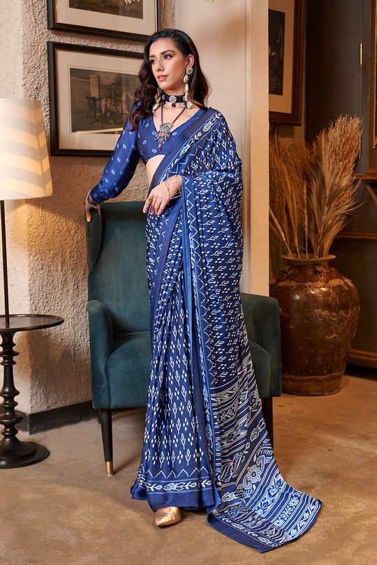 Kourtney Blue Satin Printed One Minute Saree