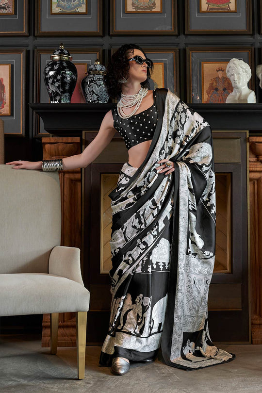 Kourtney Black Satin Printed One Minute Saree