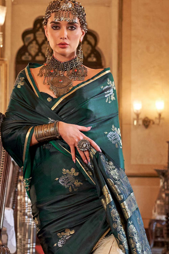 Calla Bottle Green Satin Handloom Woven Silk Ready to Wear Saree