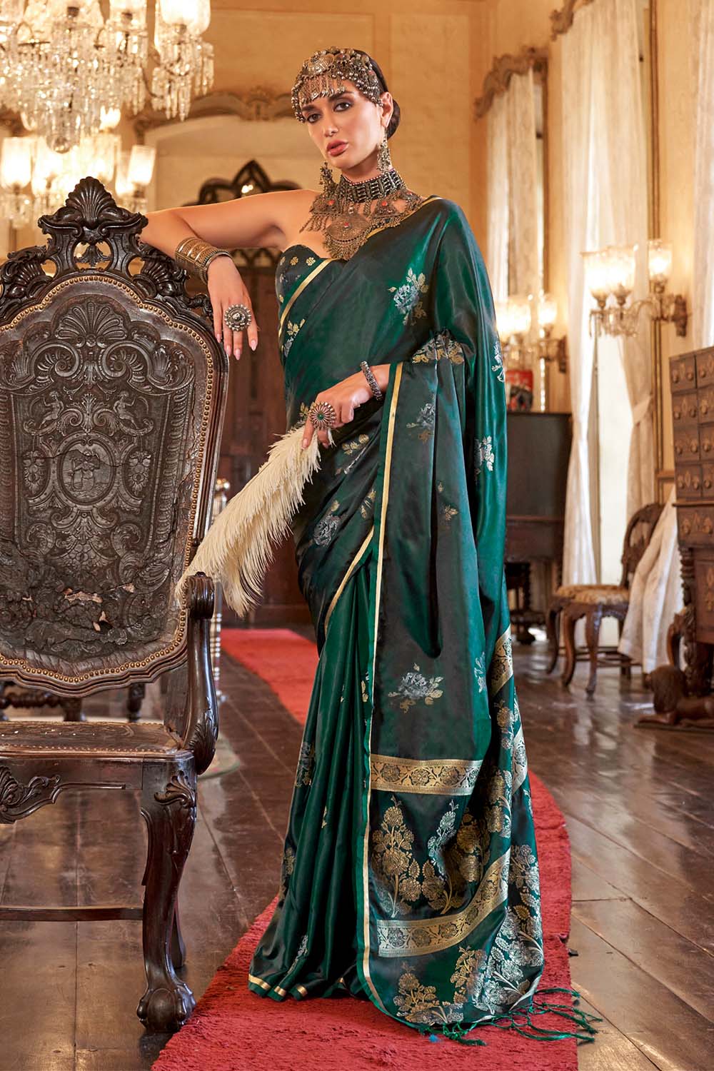 Calla Bottle Green Satin Handloom Woven Silk Ready to Wear Saree