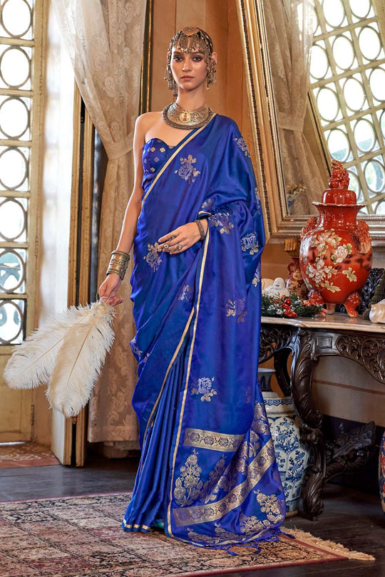 Calla Royal Blue Satin Handloom Woven Silk Ready to Wear Saree