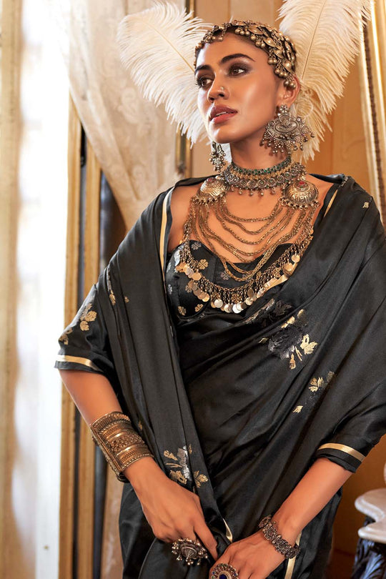 Calla Black Satin Handloom Woven Silk Ready to Wear Saree