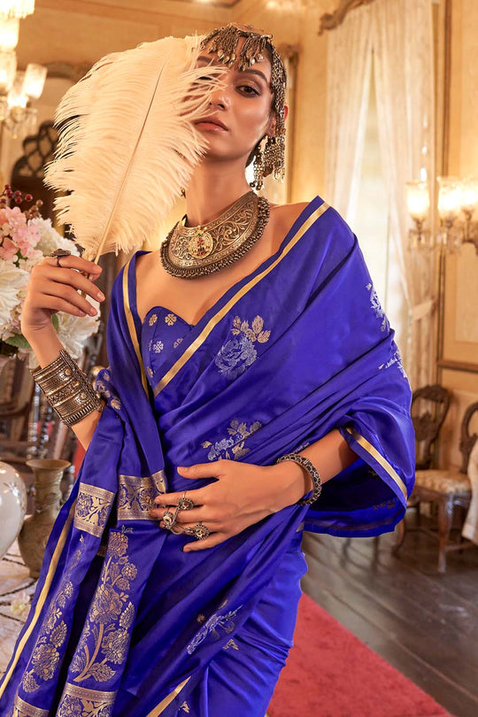 Calla Dark Blue Satin Handloom Woven Silk Ready to Wear Saree