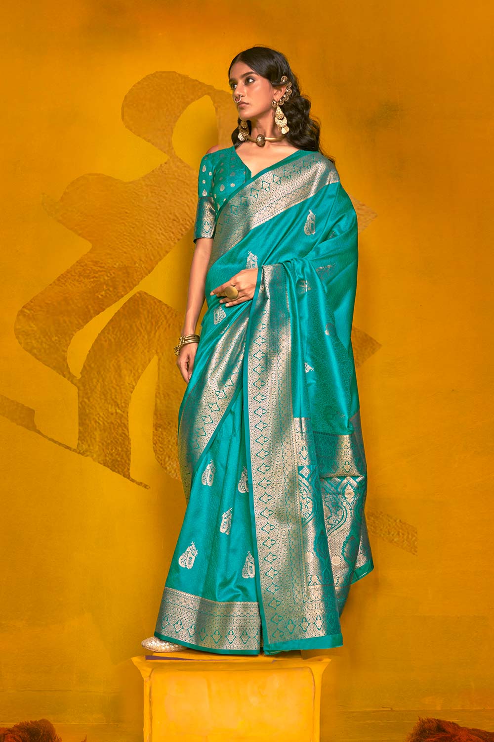 Giana Teal Two-Tone Handloom Weaving Silk One Minute Saree