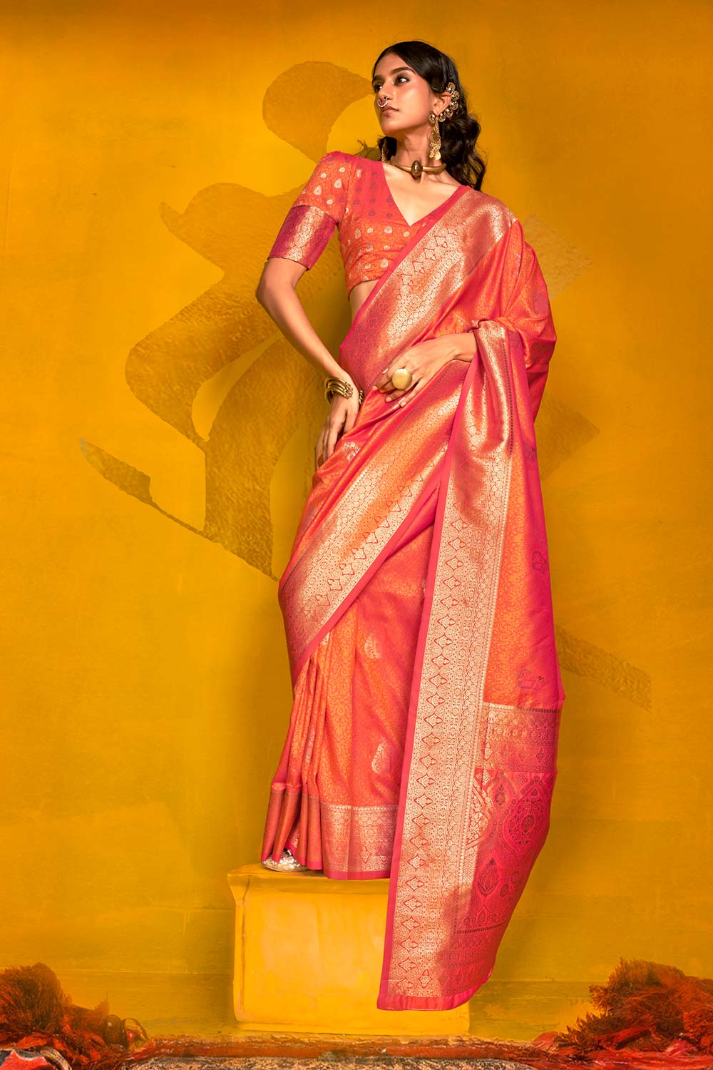 Giana Orange Two-Tone Handloom Weaving Silk One Minute Saree