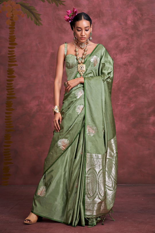 Saanvi Olive Green Pure Satin Handloom Weaving Silk Ready to Wear One Minute Saree