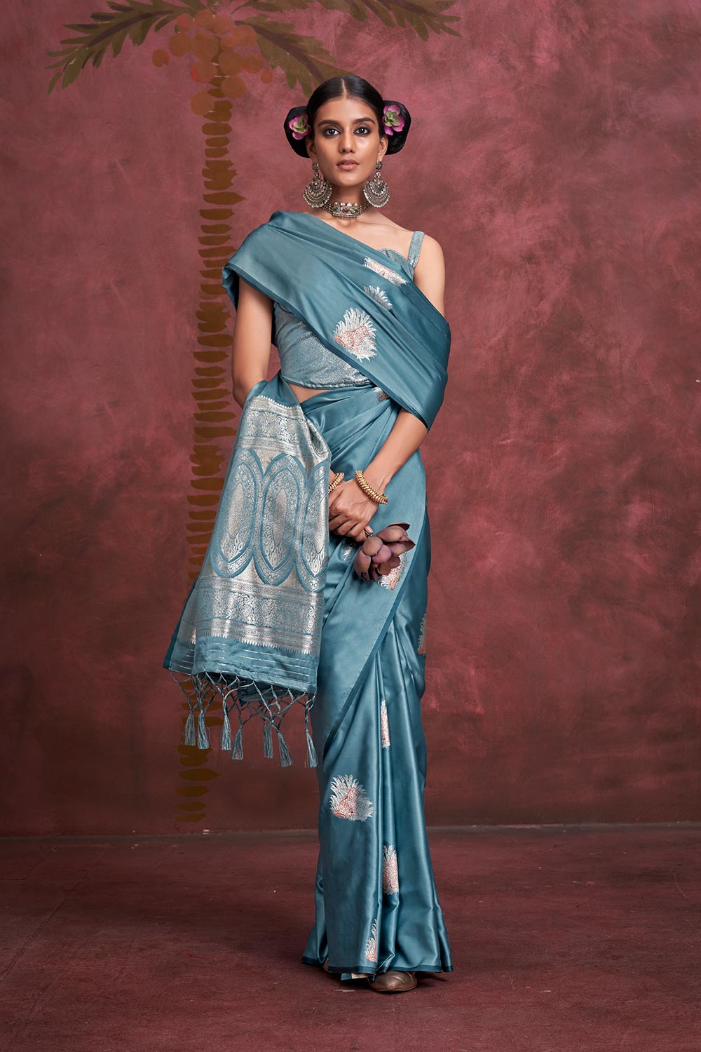 Saanvi Turquoise Blue Pure Satin Handloom Weaving Silk Ready to Wear One Minute Saree