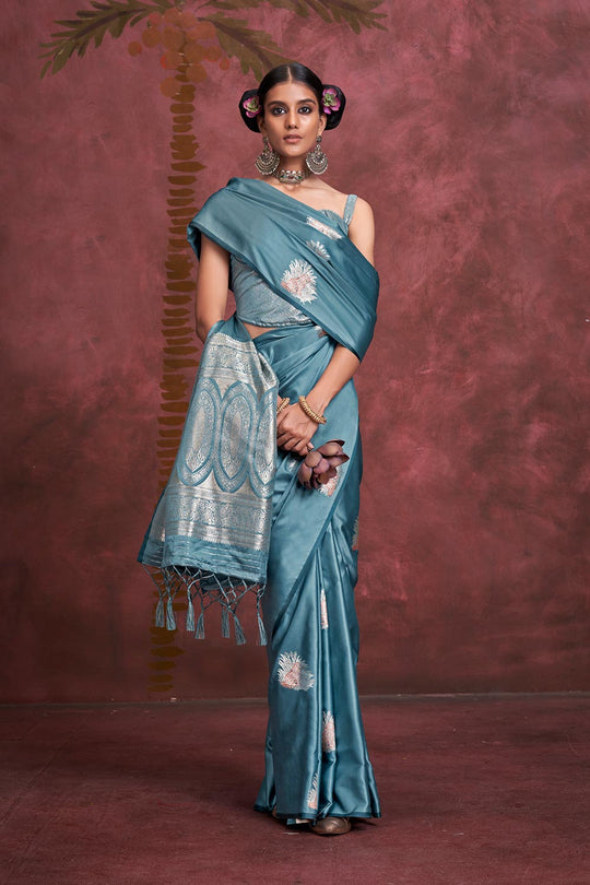 Saanvi Turquoise Blue Pure Satin Handloom Weaving Silk Ready to Wear One Minute Saree