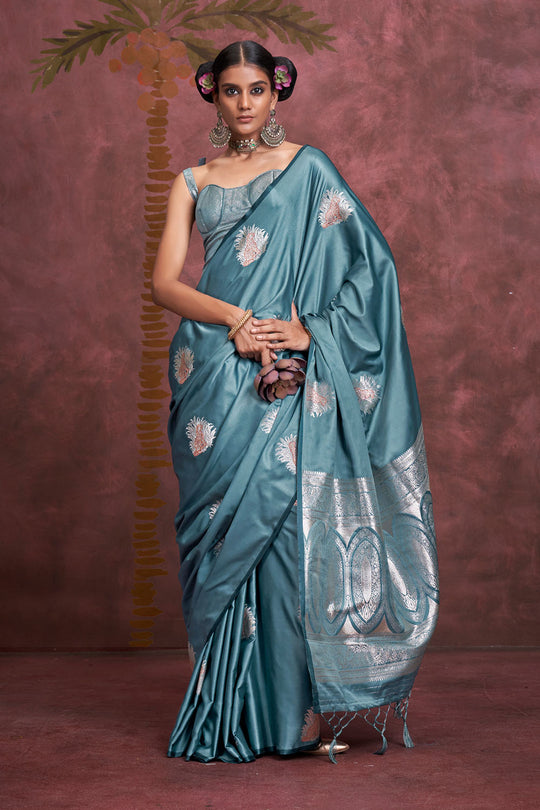 Saanvi Turquoise Blue Pure Satin Handloom Weaving Silk Ready to Wear One Minute Saree