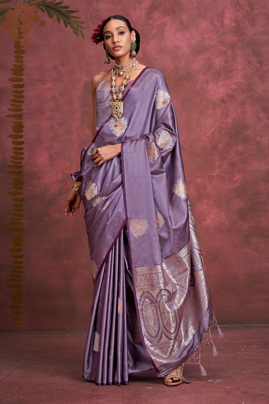 Saanvi Pastel Purple Pure Satin Handloom Weaving Silk Ready to Wear One Minute Saree