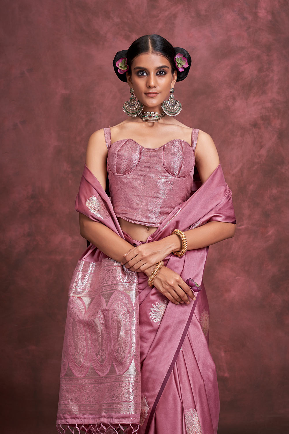 Saanvi Mauve Pink Pure Satin Handloom Weaving Silk Ready to Wear One Minute Saree