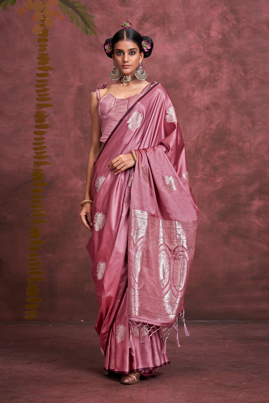 Saanvi Mauve Pink Pure Satin Handloom Weaving Silk Ready to Wear One Minute Saree