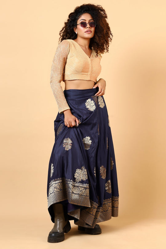 Hibana Navy Blue Banarasi Georgette Wrap Around Skirt