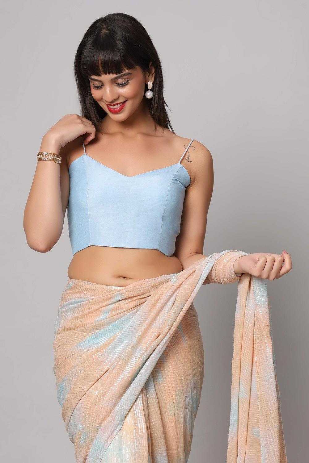 Taylor Pink & Blue Tie-Dye Georgette  with Sequins One Minute Saree