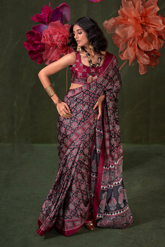 Aurora Wine Designer Satin Crepe Ajrakh Print Ready to Wear Saree