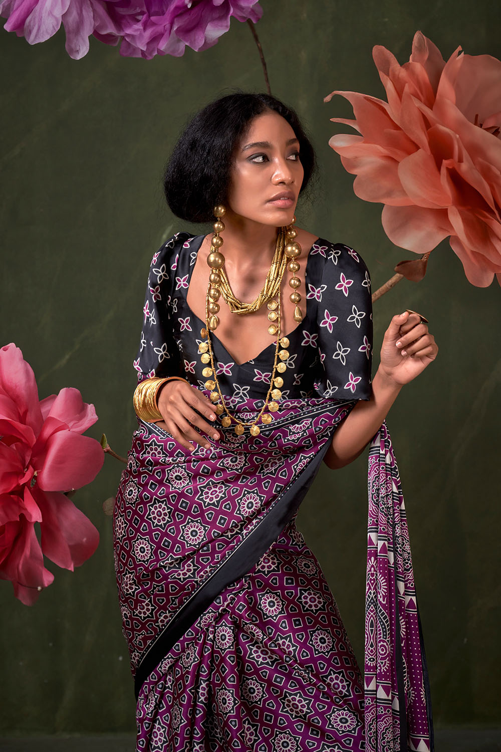 Aurora Magenta Designer Satin Crepe Ajrakh Print Ready to Wear Saree