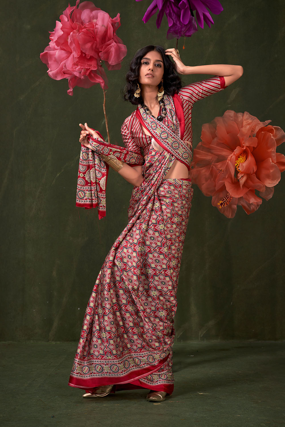 Aurora Red Designer Satin Crepe Ajrakh Print Ready to Wear Saree