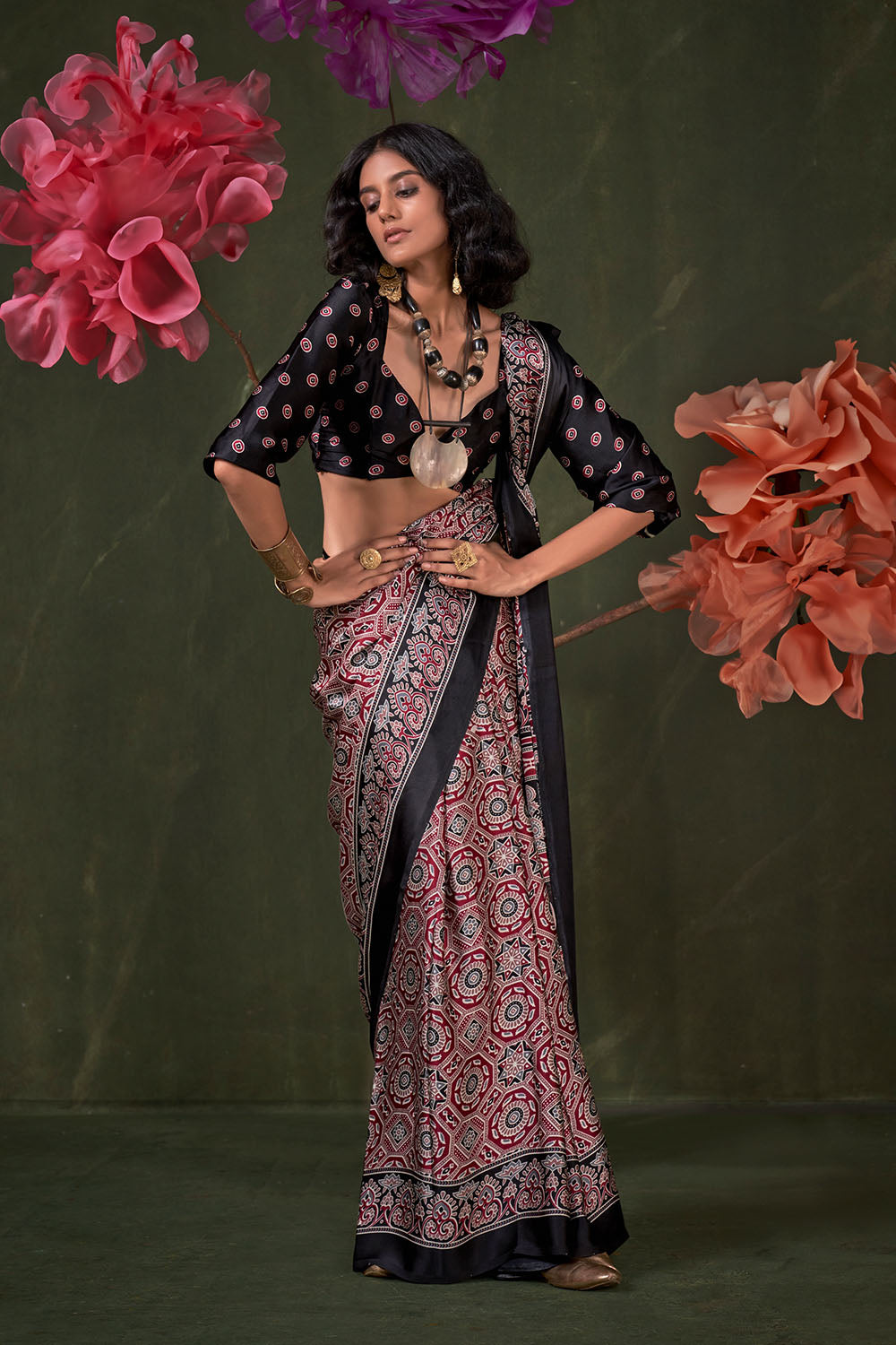 Aurora Dusty Pink Designer Satin Crepe Ajrakh Print Ready to Wear Saree