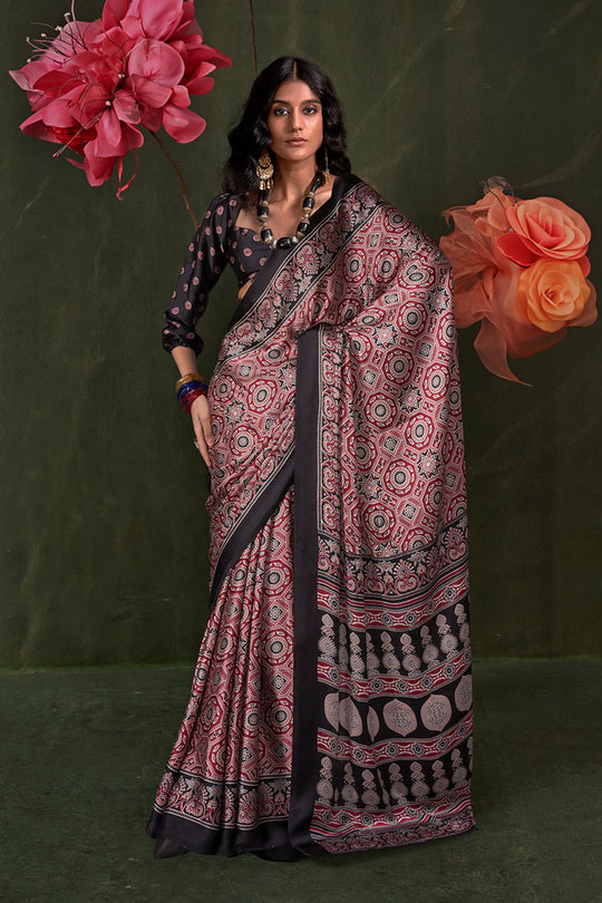 Aurora Dusty Pink Designer Satin Crepe Ajrakh Print Ready to Wear Saree