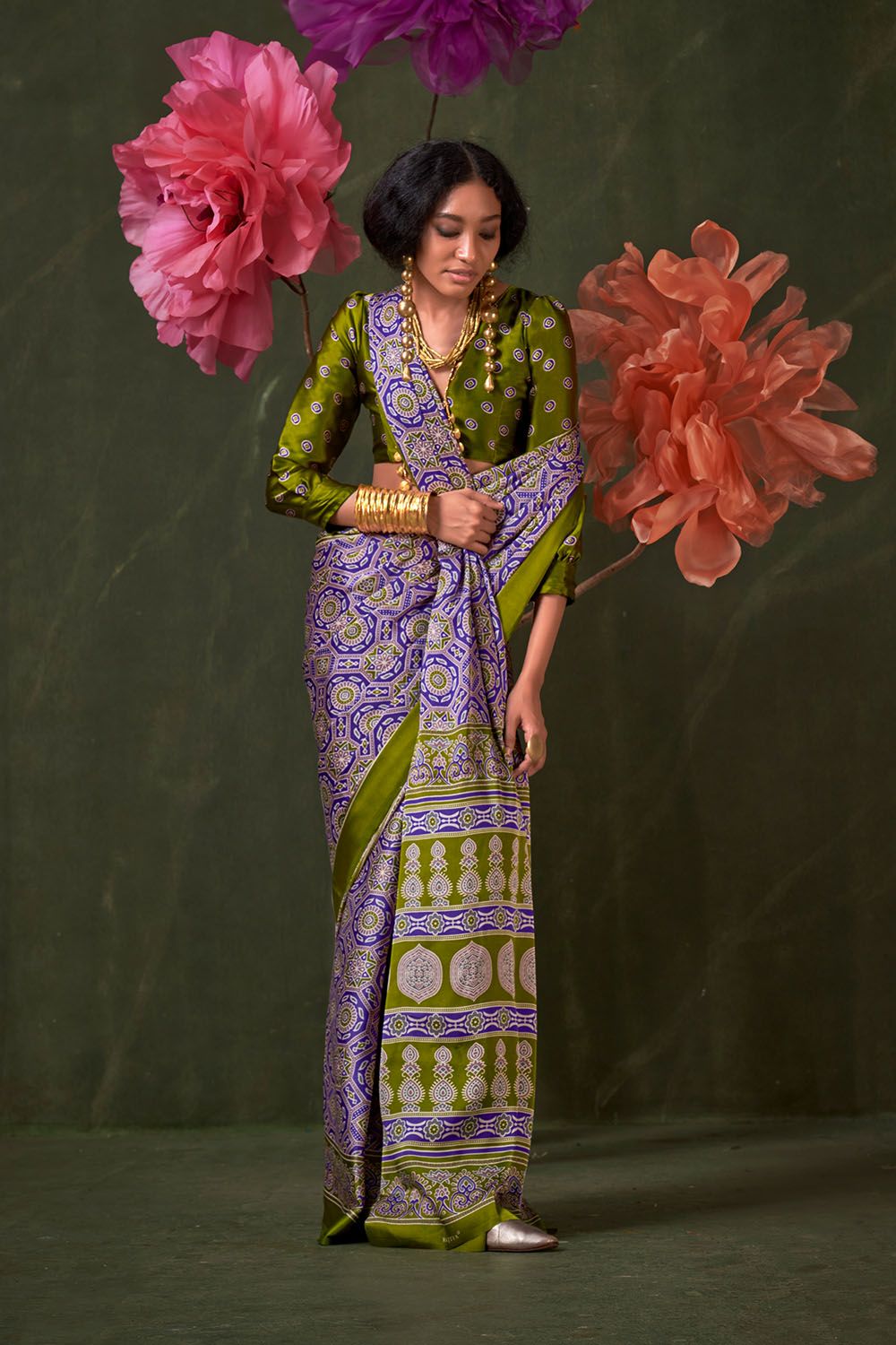 Aurora Lavender Designer Satin Crepe Ajrakh Print Ready to Wear Saree