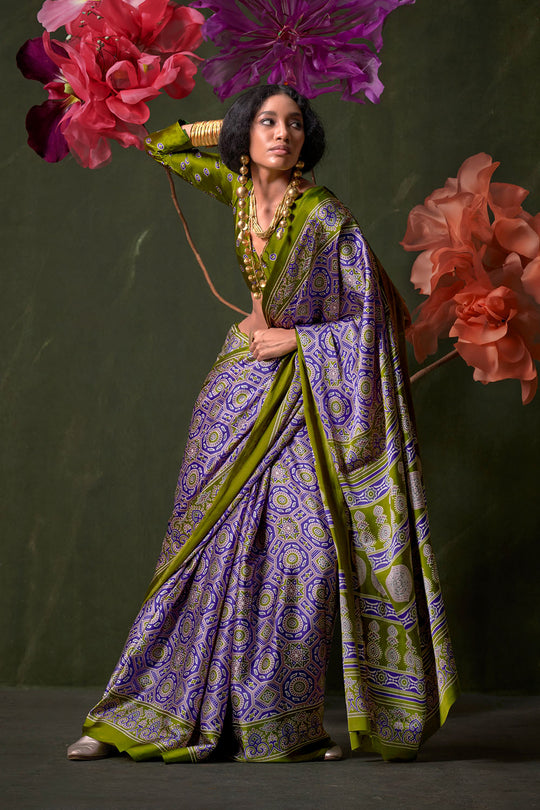 Aurora Lavender Designer Satin Crepe Ajrakh Print Ready to Wear Saree