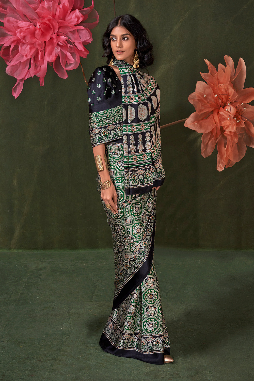 Aurora Sage Green Designer Satin Crepe Ajrakh Print Ready to Wear Saree