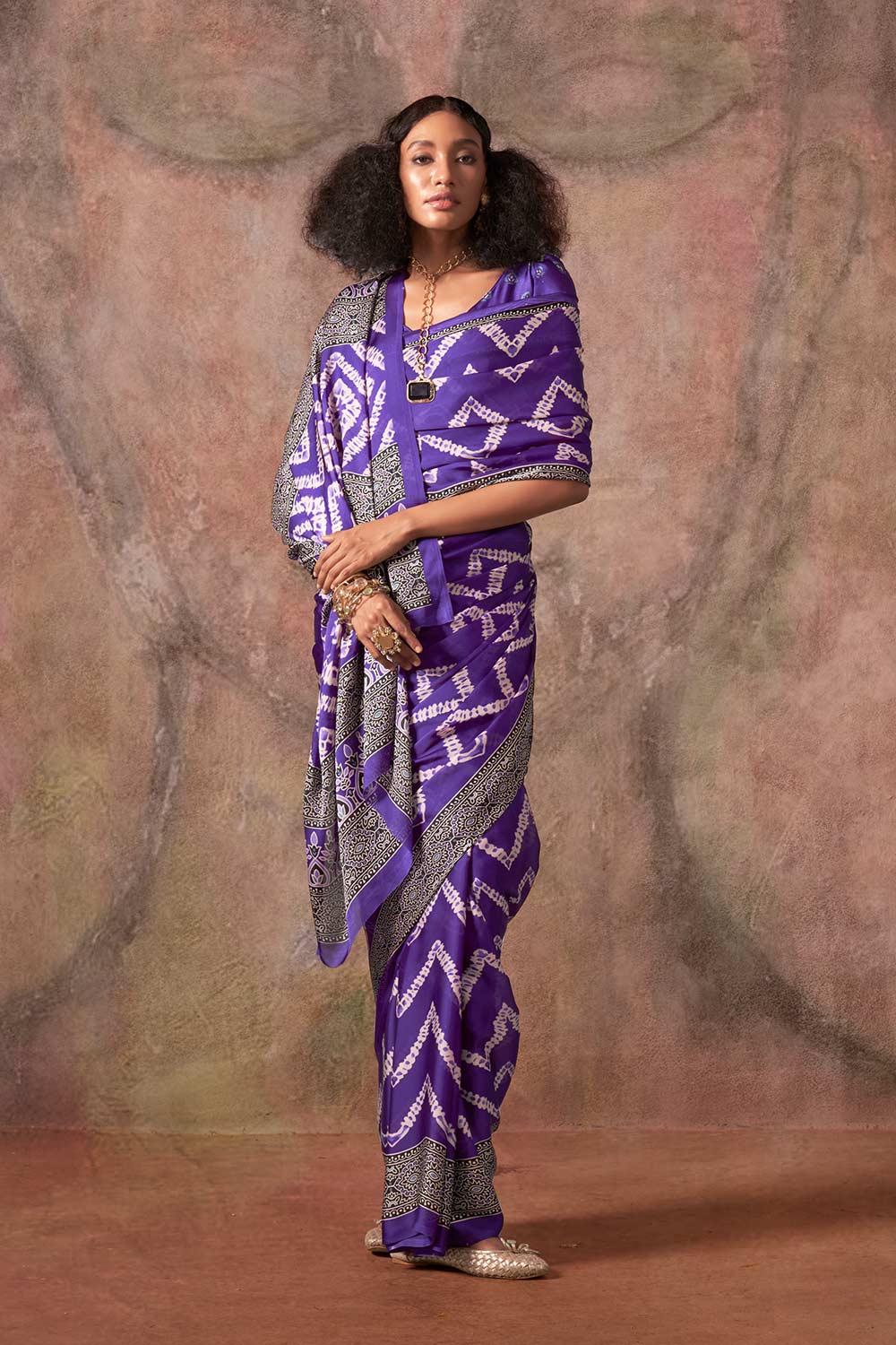 Xyla Purple Satin Ajrakh Print Ready to Wear One Minute Saree
