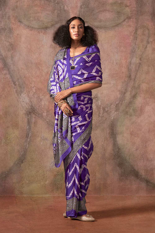 Xyla Purple Satin Ajrakh Print Ready to Wear One Minute Saree