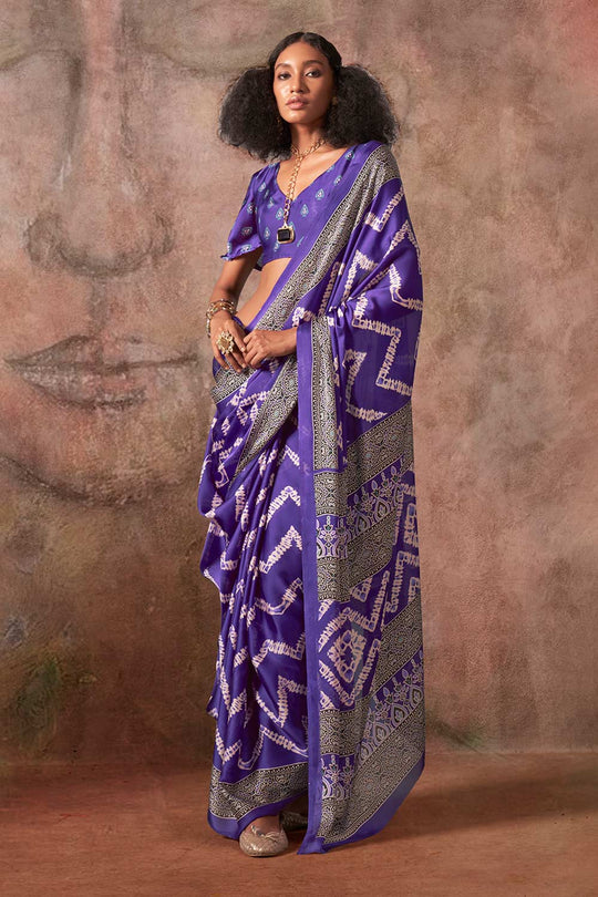 Xyla Purple Satin Ajrakh Print Ready to Wear One Minute Saree