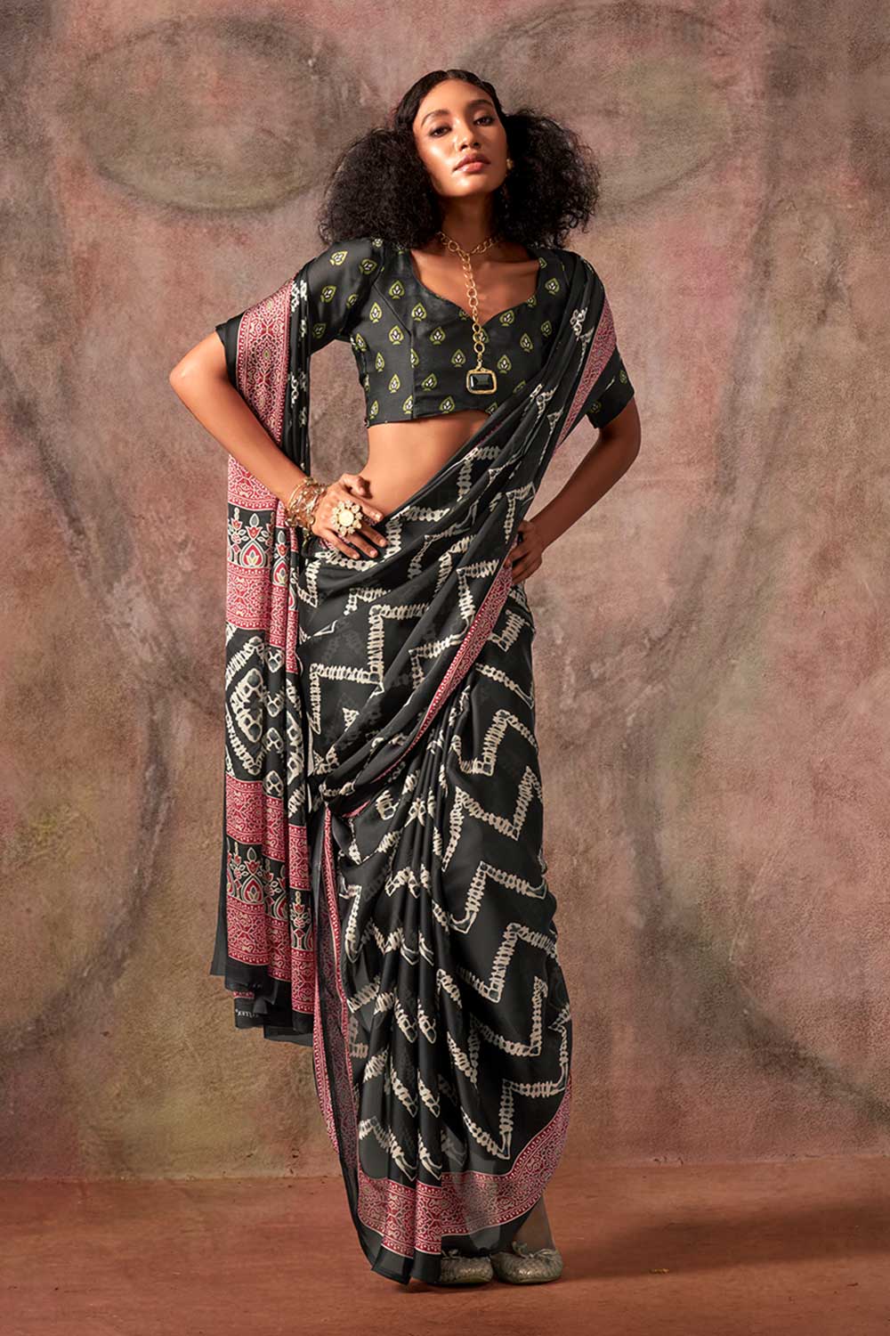 Xyla Black Satin Ajrakh Print Ready to Wear One Minute Saree