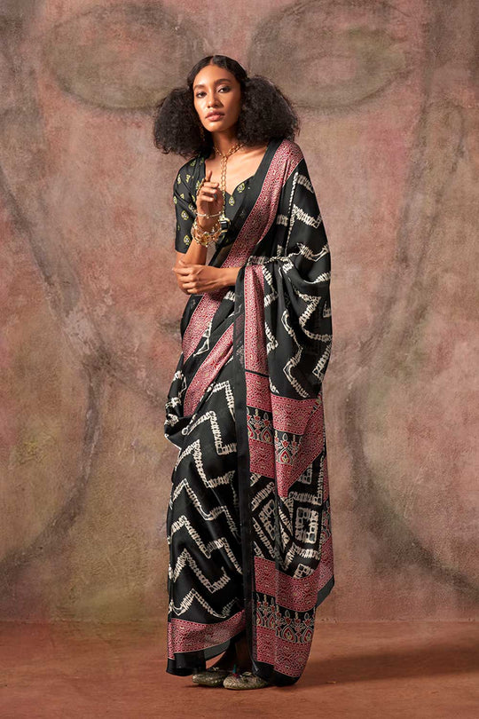 Xyla Black Satin Ajrakh Print Ready to Wear One Minute Saree