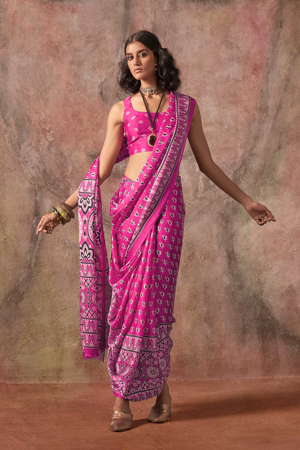 Xyla Pink Satin Ajrakh Print Ready to Wear One Minute Saree