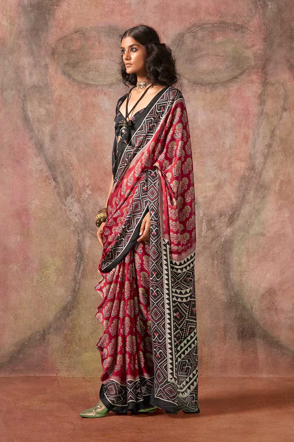 Xyla Maroon Satin Ajrakh Print Ready to Wear One Minute Saree