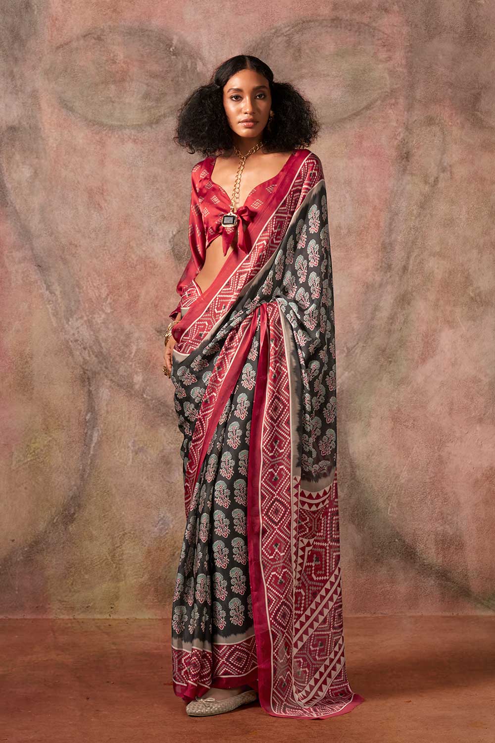 Xyla Black Satin Ajrakh Print Ready to Wear One Minute Saree