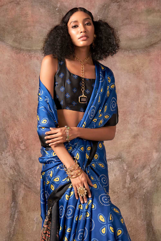 Xyla Blue Satin Ajrakh Print Ready to Wear One Minute Saree