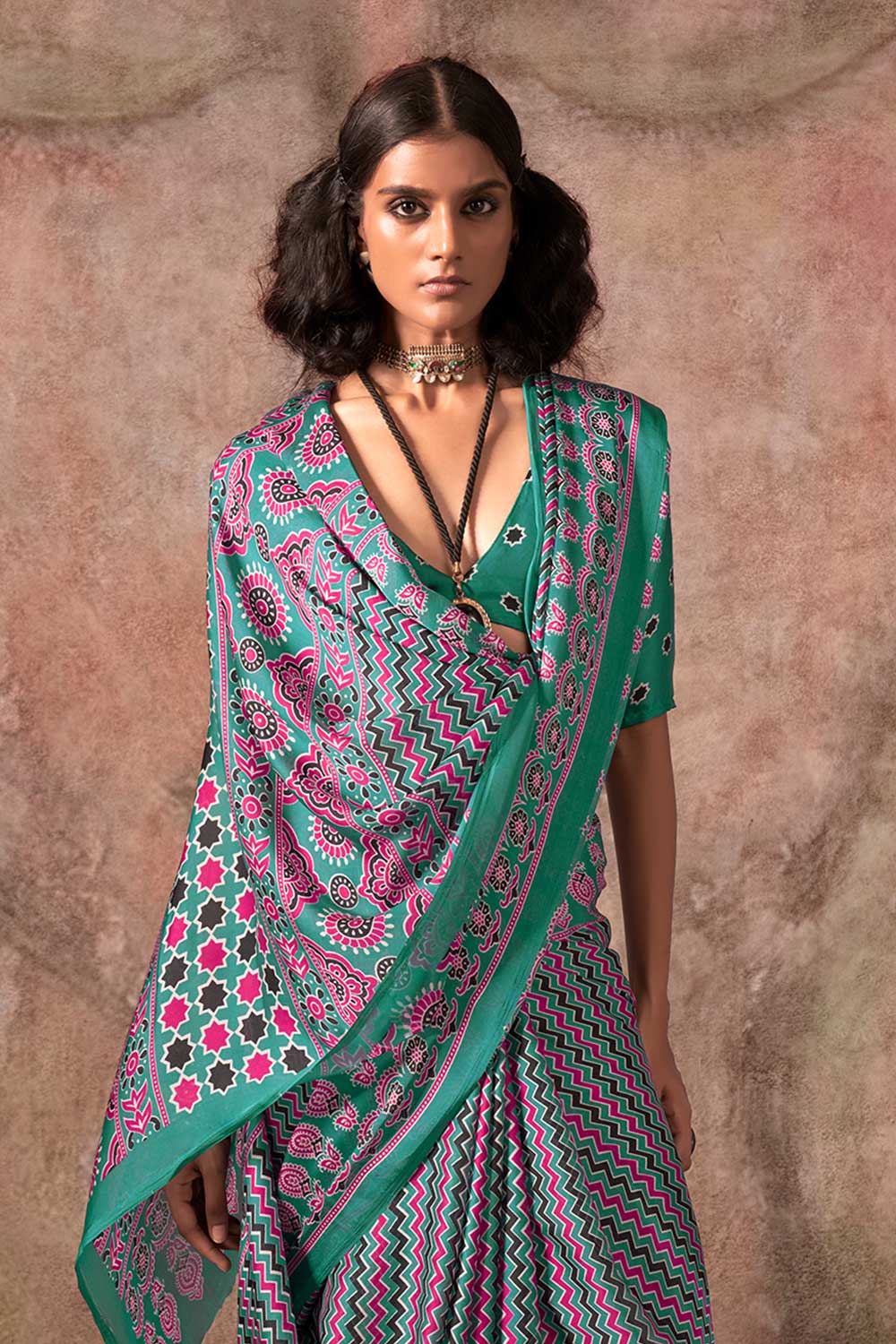 Xyla Green Satin Ajrakh Print Ready to Wear One Minute Saree